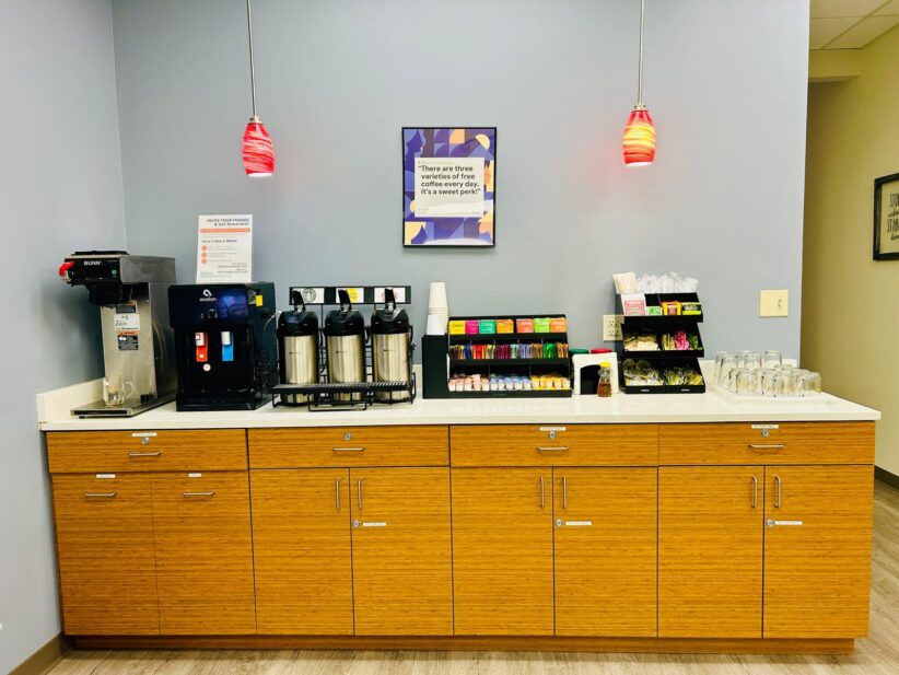 Beverage Bar - coffee, tea, hot chocolate, water. Better than WeWork and Regus.